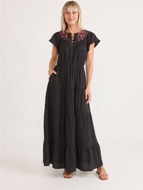 Marine Layer Black Maxi Dress with Multicolor Embroidered Yoke
